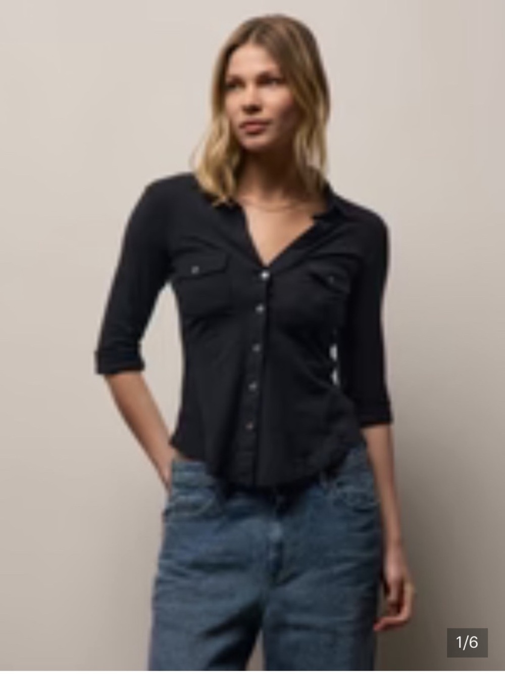 James Perse Womenโs Black Button-Front Stretch Shirt